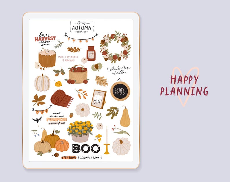 Pegatinas acogedoras de otoño, decoración de la cosecha otoñal, clipart. Pegatinas de GoodNotes, corona, vela, calabaza, decoración de Halloween, planificador digital, pegatina PNG. imagen 3