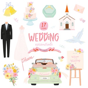 May include: A set of 17 wedding-themed illustrations, including a church, a car, a wedding dress, a suit, a bouquet, a cake, a ring box, a dove, a welcome sign, and more. The illustrations are in a cartoon style and feature pastel colors.