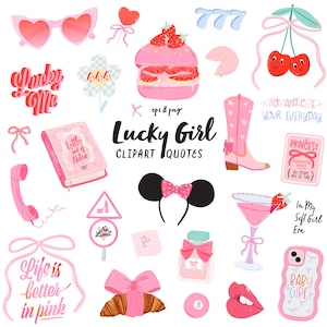 May include: A collection of pink and red digital clipart featuring a variety of items, including heart-shaped sunglasses, a layered dessert, a cowboy boot, a martini, and a phone. Text includes "Lucky Girl" and "Life is better in pink."