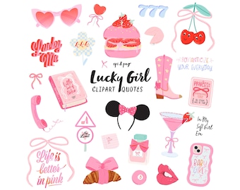 Lucky Girl Clipart Bundle: Coquette Pinkcore Planner Stickers (PNG, EPS)