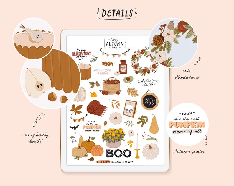 Pegatinas acogedoras de otoño, decoración de la cosecha otoñal, clipart. Pegatinas de GoodNotes, corona, vela, calabaza, decoración de Halloween, planificador digital, pegatina PNG. imagen 6