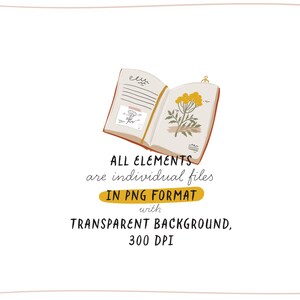 May include: An open book with a yellow flower illustration and the text "All elements are individual files in PNG format with transparent background, 300 DPI".
