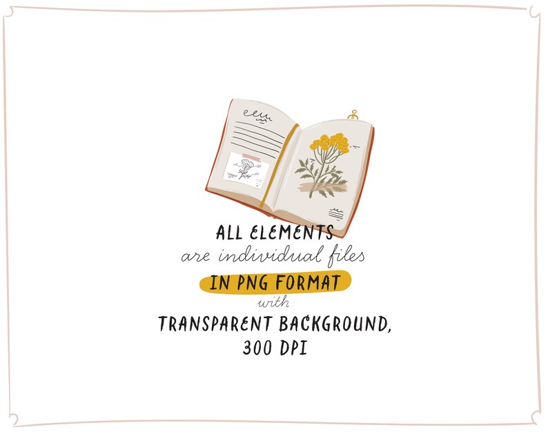 May include: An open book with a yellow flower illustration and the text "All elements are individual files in PNG format with transparent background, 300 DPI".