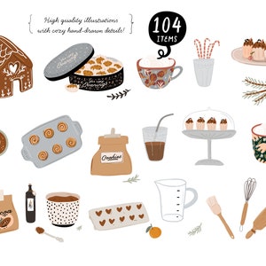 May include: A set of 104 hand-drawn illustrations featuring cozy winter holiday baking and coffee themes. The illustrations include a gingerbread house, cookies, cupcakes, coffee mugs, and baking supplies.