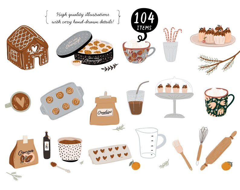 May include: A set of 104 hand-drawn illustrations featuring cozy winter holiday baking and coffee themes. The illustrations include a gingerbread house, cookies, cupcakes, coffee mugs, and baking supplies.