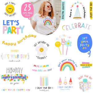 Paquete de citas de feliz cumpleaños, citas de fiesta y deseos de cumpleaños, pegatinas PNG digitales, descarga instantánea, clipart de invitación de celebración