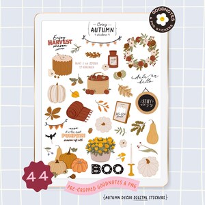 Pegatinas acogedoras de otoño, decoración de la cosecha otoñal, clipart. Pegatinas de GoodNotes, corona, vela, calabaza, decoración de Halloween, planificador digital, pegatina PNG. imagen 1