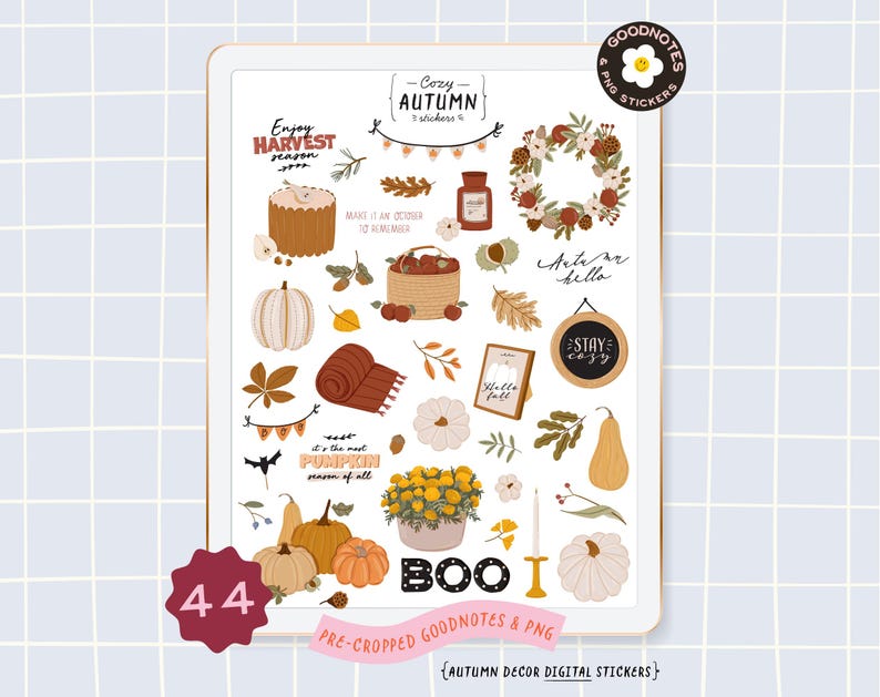 Pegatinas acogedoras de otoño, decoración de la cosecha otoñal, clipart. Pegatinas de GoodNotes, corona, vela, calabaza, decoración de Halloween, planificador digital, pegatina PNG. imagen 1