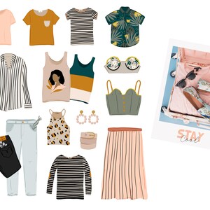 May include: A collection of clothing items including shirts, tops, trousers, skirts, and accessories. The items are arranged on a white background. The text "Stay Cool" is visible in the bottom right corner of the image.