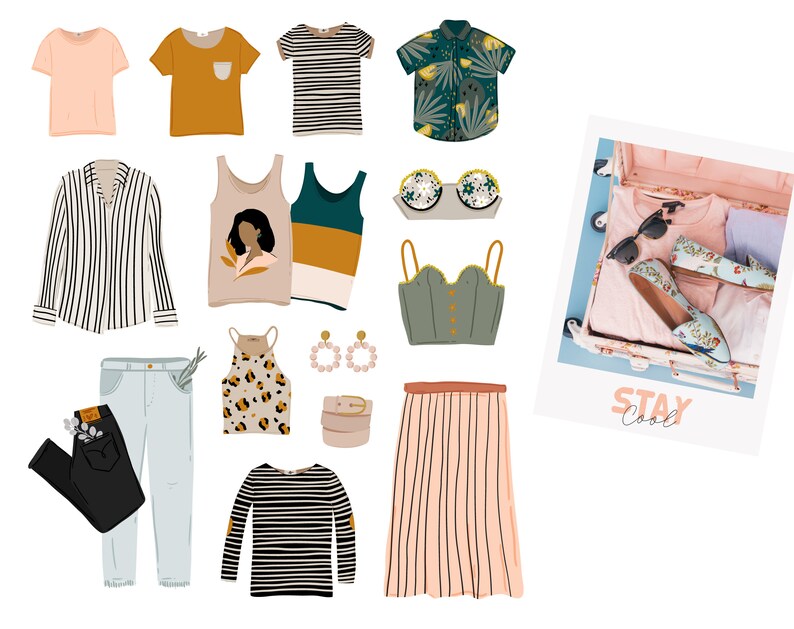 May include: A collection of clothing items including shirts, tops, trousers, skirts, and accessories. The items are arranged on a white background. The text "Stay Cool" is visible in the bottom right corner of the image.