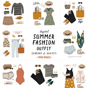Zomermode clipart, zomer outfit lente mode, mode citaten, vrouw essentials kleding mode garderobe planner stickers digitale png
