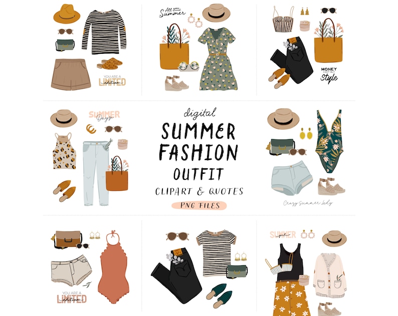 May include: A digital clipart set of summer fashion outfits with quotes. The set includes various clothing items, accessories, and bags in a variety of colours and patterns. The text in the image reads "Summer Days", "All Summer", "Money Can't Buy Style", "You Are A Limited Edition", "Crazy Summer Lady", and "Summer 00".