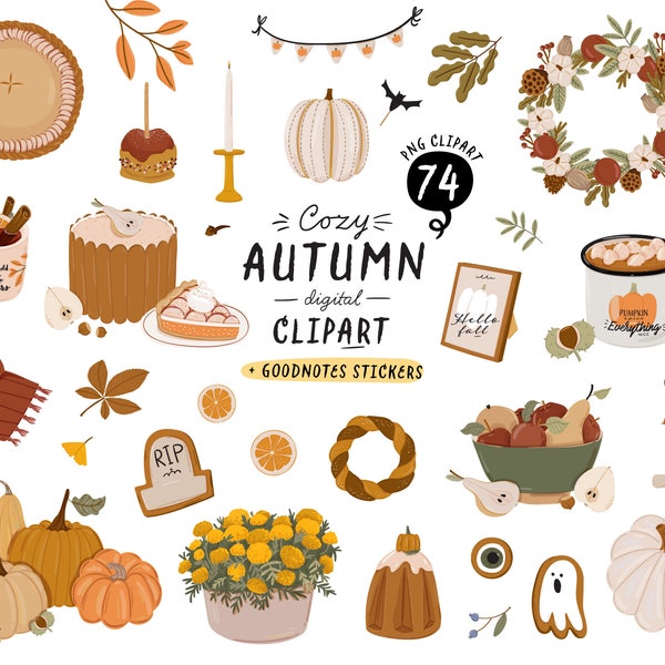 Herbst Vibes Clipart Set Gemütliche Herbst Dekor Essen Ernte Kürbis Saison, Hand gezeichnet Mode Illustration Digital PNG GoodNotes Sticker