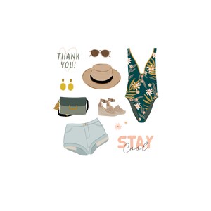 May include: A summer outfit featuring a green floral swimsuit, denim shorts, a straw hat, sunglasses, a small green bag, gold earrings, and wedge sandals. The text "Thank You!" and "Stay Cool" is also included in the image.