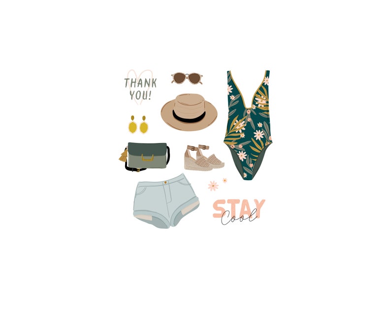 May include: A summer outfit featuring a green floral swimsuit, denim shorts, a straw hat, sunglasses, a small green bag, gold earrings, and wedge sandals. The text "Thank You!" and "Stay Cool" is also included in the image.