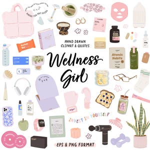Clipart di "Wellness Girl", pacchetto PNG per la cura di sé, abitudini sane, fitness, consapevolezza, palestra, cura della pelle, vitamine, routine quotidiana, citazioni, download digitale