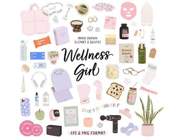 Wellness Girl Clipart, Self Care PNG Bundle, Healthy Habits Fitness Mindfulness Gym Skincare Vitamins Daily Routine Quotes, Digital Download