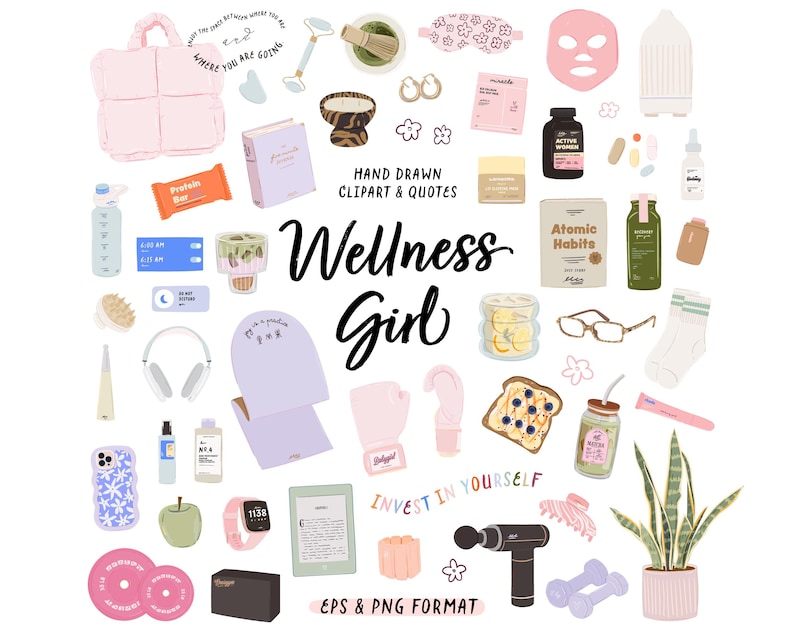Puede incluir: Una colecci&oacute;n de ilustraciones con tem&aacute;tica de bienestar, que incluye una esterilla de yoga rosa, una planta verde, un libro, un vaso de agua, unas gafas, una funda de tel&eacute;fono con dise&ntilde;o floral, un rastreador de fitness, una pistola de masaje y un juego de mancuernas. El texto "Wellness Girl" est&aacute; escrito en letras grandes y en negrita. El texto "Invierte en ti mismo" est&aacute; escrito en letras m&aacute;s peque&ntilde;as debajo de la ilustraci&oacute;n.