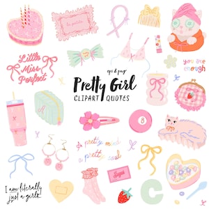 Bundle de cliparts coquette, clipart fille Pinkcore, éléments mignons dessinés à la main Png, autocollants doux mode girly numérique féminine Bimbo esthétique
