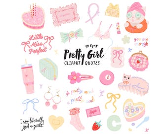 Coquette Clipart Bundle, Pinkcore Girl Clipart, Hand Drawn Cute Elements Png, Soft Girly Fashion Stickers Feminine Digital Bimbo Aesthetic