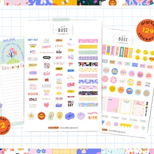 Digitales Sticker-Paket. Druckbare Planer Sticker. Bullet Journal Tagesplaner Wochenplaner Checkliste. Abstrakte Muster Zitat Aufkleber