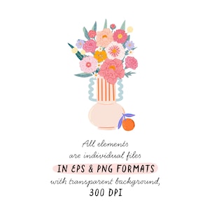May include: A bouquet of pink, white, and yellow flowers in a striped vase with a light pink base. The vase is decorated with a light blue swirl design. The flowers are arranged in a loose, natural style. The vase is sitting on a white background. All elements are individual files in EPS & PNG formats with transparent background, 300 DPI.