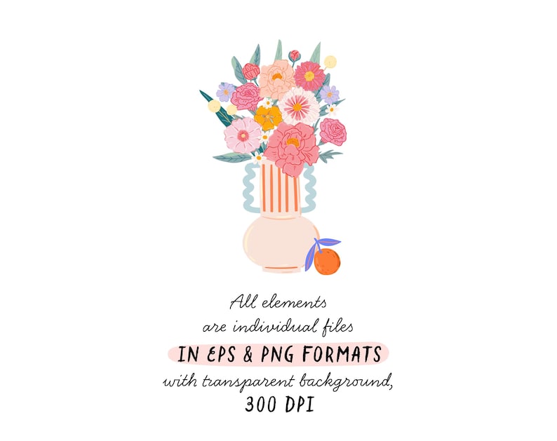 May include: A bouquet of pink, white, and yellow flowers in a striped vase with a light pink base. The vase is decorated with a light blue swirl design. The flowers are arranged in a loose, natural style. The vase is sitting on a white background. All elements are individual files in EPS & PNG formats with transparent background, 300 DPI.