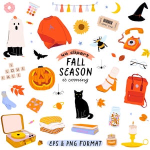 Może przedstawiać: Kolekcja jesiennych ilustracji clipart. Zawiera rzeźbioną dynię, czarnego kota, pomarańczowy sweter, kapelusz czarownicy i tekst "FALL SEASON is coming". Zawiera również zabytkowy telefon, but na wysokim obcasie i plecak.