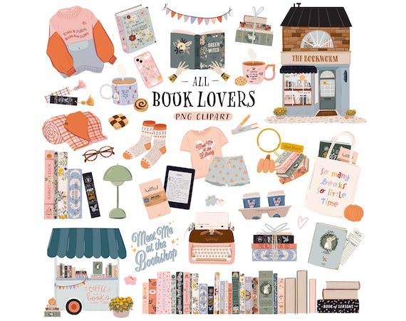 Cozy Book Lovers Clipart, Cute Coffee Bookshop, Fall Bookworms Cozy Autumn PNG Book Stack Book Pile Coffee Sweater. Digital Planner Stickers