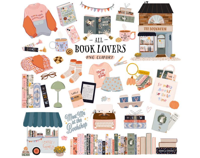 K&ouml;nnte beinhalten: Eine Sammlung digitaler Illustrationen mit Buchmotiven, darunter ein Buchladen, ein Kaffeewagen, eine Schreibmaschine, B&uuml;cher und eine gem&uuml;tliche Decke. Der Text "All Book Lovers PNG Clipart" ist oben im Bild zu sehen.