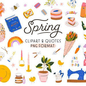 Clipart numérique de printemps et citations Pâques clipart, livre de gâteau aux œufs de fleurs saisonnières Illustration jardin clipart. Stickers agenda Téléchargements PNG
