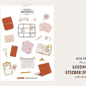May include: A set of digital stickers for Goodnotes featuring a variety of feminine business-themed illustrations, including a laptop, notebooks, envelopes, a calendar, and a pair of glasses. The stickers are in a pink and orange color scheme and have a hand-drawn style.