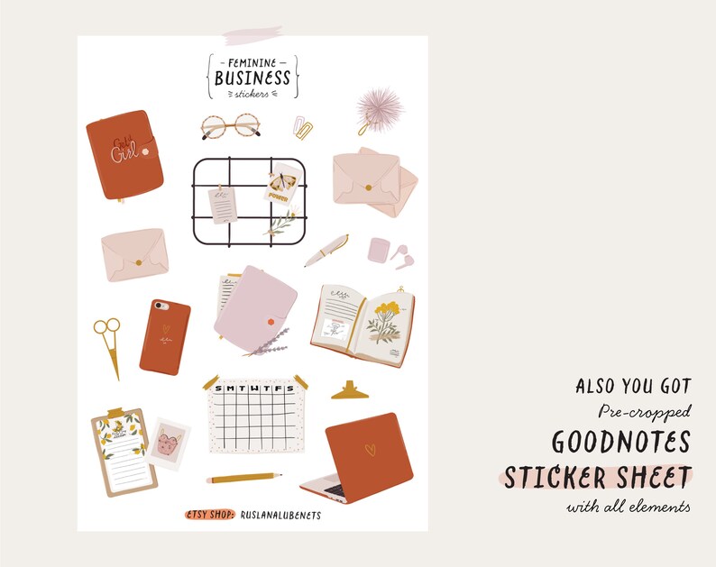 May include: A set of digital stickers for Goodnotes featuring a variety of feminine business-themed illustrations, including a laptop, notebooks, envelopes, a calendar, and a pair of glasses. The stickers are in a pink and orange color scheme and have a hand-drawn style.