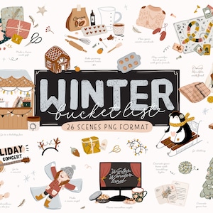 Wintervakantie clipartset, kerstbucketlist, vakantiechecklist, gezellige illustratie winterklusjes GoodNotes digitale plannerstickers, png
