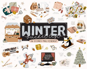 Winter Holiday Clipart Set, Christmas Bucket List, Holiday checklist, Cozy Illustration Winter chores GoodNotes Digital Planner stickers PNG
