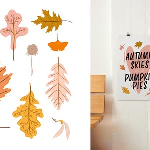 May include: A white poster with the words "AUTUMN SKIES PUMPKIN PIES" in black script, surrounded by fall leaves and a pink heart. To the left, there are illustrations of various fall leaves in shades of orange, yellow, and pink.