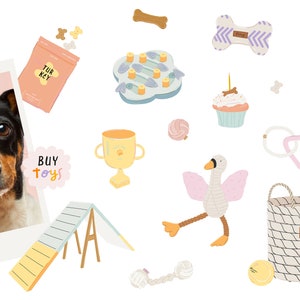 May include: A collection of dog toys, including a plush llama, a swan, a bone, a rope toy, a treat dispenser, a cupcake, a trophy, a dog agility ramp, a basket with the word "TOYS" on it, and a bag of turkey dog treats. The image also includes a photo of a black and white dog.
