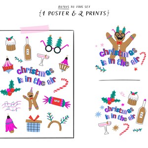 K&ouml;nnte beinhalten: Ein druckbarer Satz von weihnachtlichen Illustrationen mit einem Lebkuchenmann, Zuckerstangen, einem Weihnachtsbaum und dem Text "Weihnachten liegt in der Luft".