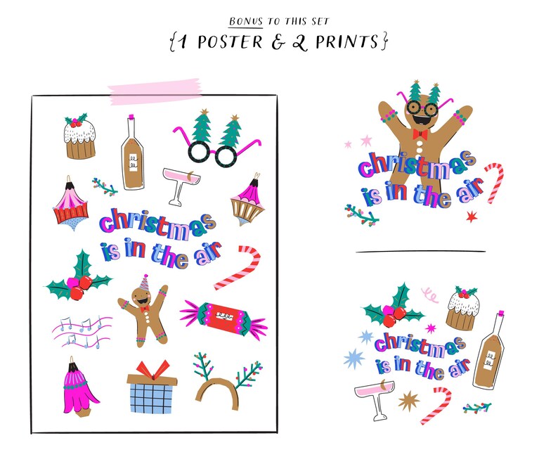 K&ouml;nnte beinhalten: Ein druckbarer Satz von weihnachtlichen Illustrationen mit einem Lebkuchenmann, Zuckerstangen, einem Weihnachtsbaum und dem Text "Weihnachten liegt in der Luft".