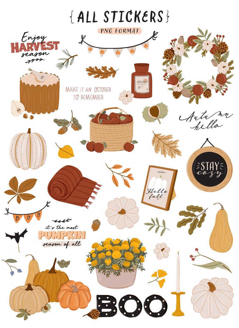Pegatinas acogedoras de otoño, decoración de la cosecha otoñal, clipart. Pegatinas de GoodNotes, corona, vela, calabaza, decoración de Halloween, planificador digital, pegatina PNG. imagen 5