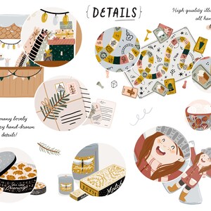 May include: A collection of hand-drawn illustrations featuring cozy winter scenes, including a Christmas market, a game board, a cup of hot chocolate, and a girl wearing a winter hat. The illustrations are in a whimsical style with warm colors and textures.