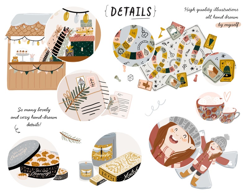 May include: A collection of hand-drawn illustrations featuring cozy winter scenes, including a Christmas market, a game board, a cup of hot chocolate, and a girl wearing a winter hat. The illustrations are in a whimsical style with warm colors and textures.
