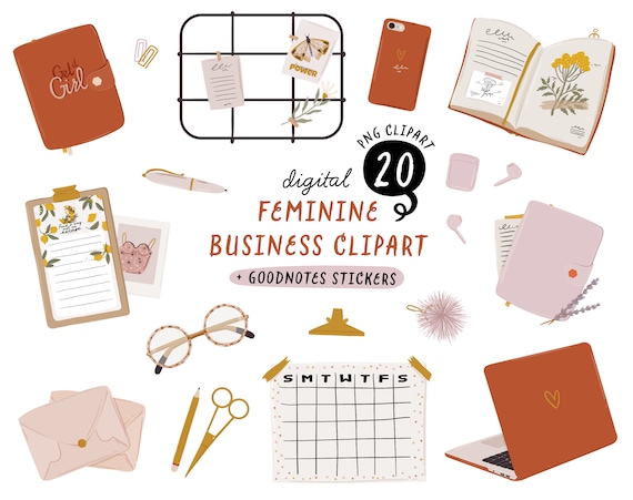 Feminine Girl Boss Clipart, Digital GoodNotes stickers, Lifestyle women daily routine: Business study fashion home work planner. Digital PNG