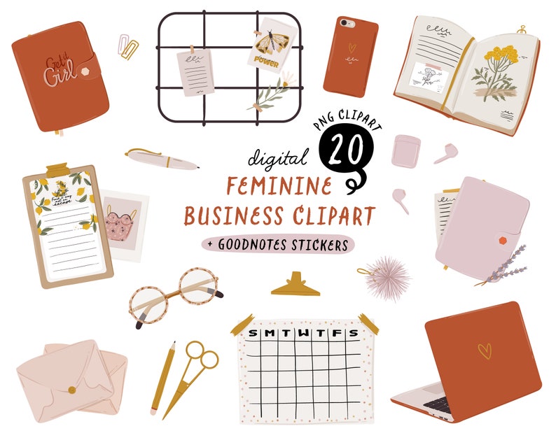 May include: A set of 20 digital feminine business clipart images and Goodnotes stickers. The clipart includes a calendar, a laptop, a notebook, a planner, a phone, a pair of glasses, a pen, a pencil, scissors, envelopes, and more. The clipart is in a pastel color palette with floral and geometric designs.
