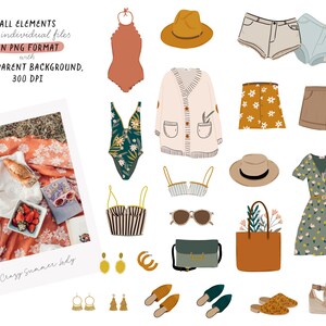 May include: A set of digital illustrations featuring various clothing items, accessories, and a picnic scene. The illustrations include a swimsuit, cardigan, shorts, skirt, dress, hat, sunglasses, earrings, sandals, and a tote bag. The picnic scene features a blanket, food, and a glass of wine.