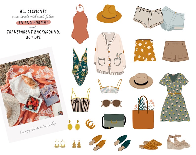 May include: A set of digital illustrations featuring various clothing items, accessories, and a picnic scene. The illustrations include a swimsuit, cardigan, shorts, skirt, dress, hat, sunglasses, earrings, sandals, and a tote bag. The picnic scene features a blanket, food, and a glass of wine.