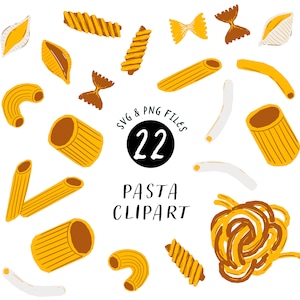May include: A set of 22 hand-drawn pasta shapes in various styles, including penne, spaghetti, and shells. The pasta is illustrated in yellow and brown tones on a white background. The text "SVG & PNG FILES 22 PASTA CLIPART" is included in the image.
