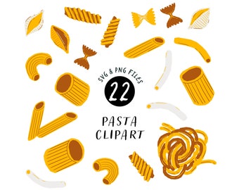 May include: A set of 22 hand-drawn pasta shapes in various styles, including penne, spaghetti, and shells. The pasta is illustrated in yellow and brown tones on a white background. The text "SVG & PNG FILES 22 PASTA CLIPART" is included in the image.