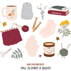 Herbst gemütlich Clipart Herbst Mädchen: Strickbuch Liebhaber Kerze Kaffee Socken Blumen Blätter Herbst Hallo Illustration Digital Download Clipart Png