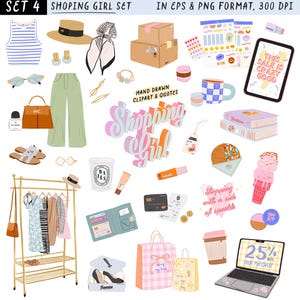 Op de afbeelding: Een digitale illustratieset getiteld "SHOPING GIRL SET" met verschillende mode- en winkelartikelen. Bevat kleding, accessoires, boodschappentassen, een laptop met "25% KORTING OP UW AANKOOP" en de tekst "DEZE VERKOOP IS GEK GOED".